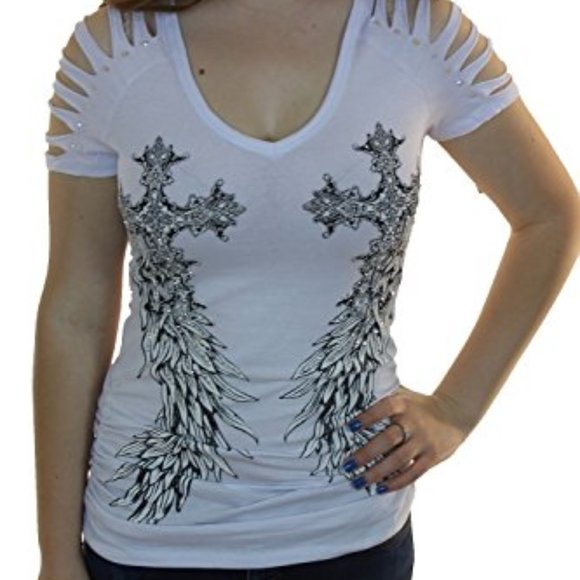 Bling White Side Cross Feather Razor Cut T Top - Picture 1 of 5
